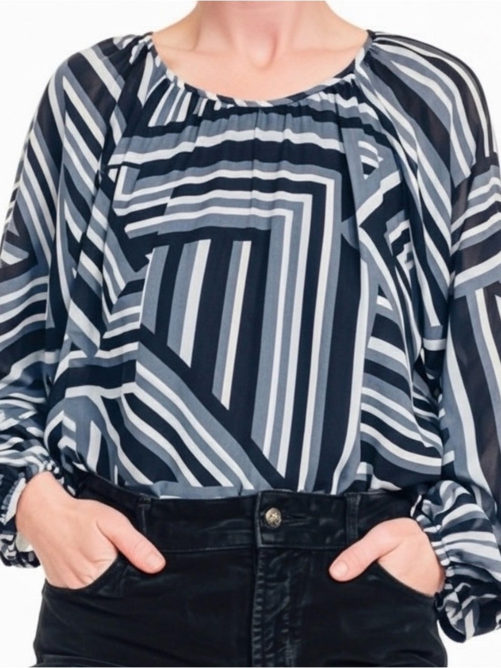 Calvin Klein Black & Gray with Blue Geometric Stripe Blouse